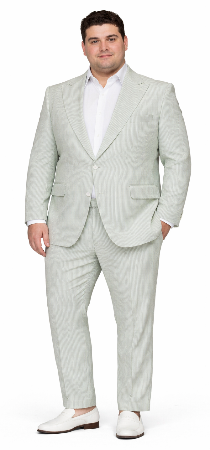 Seersucker Suit Peak Lapel Suit in Color "Light Green" - Summer Fabric Tone on Tone Shadow Stripe By Rossiman - 34 Short or Extra Small
