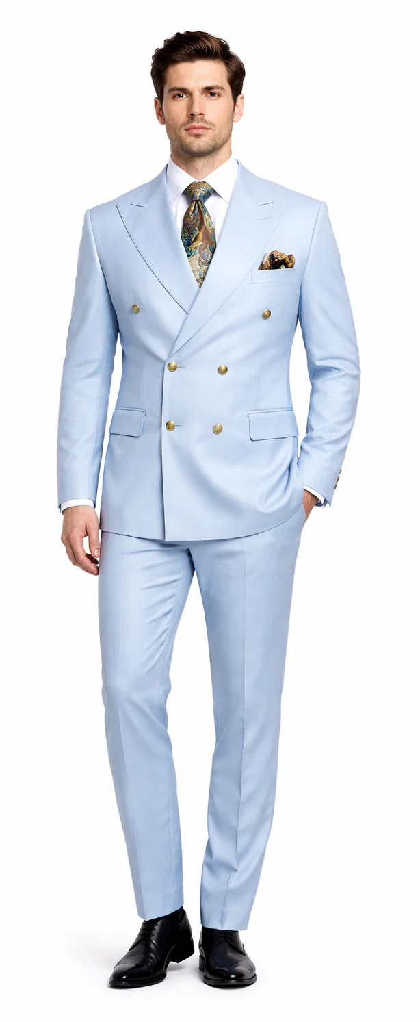 Rossiman Mens Light Blue Slim Fit Suit Elegant Double-Breasted Design - 36 Regular Jacket+30 Waist Adjustable 26to32)Height: 5'7"-6')(Neck: 14.5-16:S)