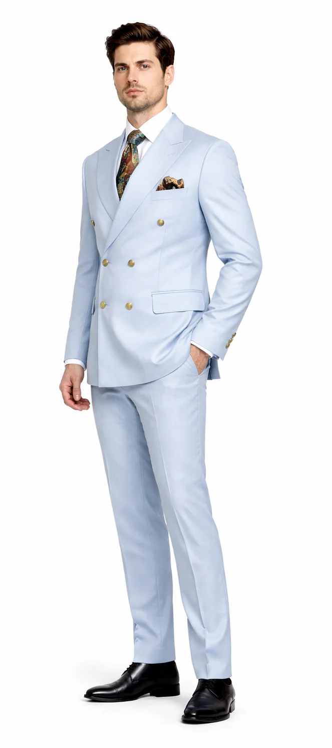 Rossiman Mens Light Blue Slim Fit Suit Elegant Double-Breasted Design - 36 Regular Jacket+30 Waist Adjustable 26to32)Height: 5'7"-6')(Neck: 14.5-16:S)