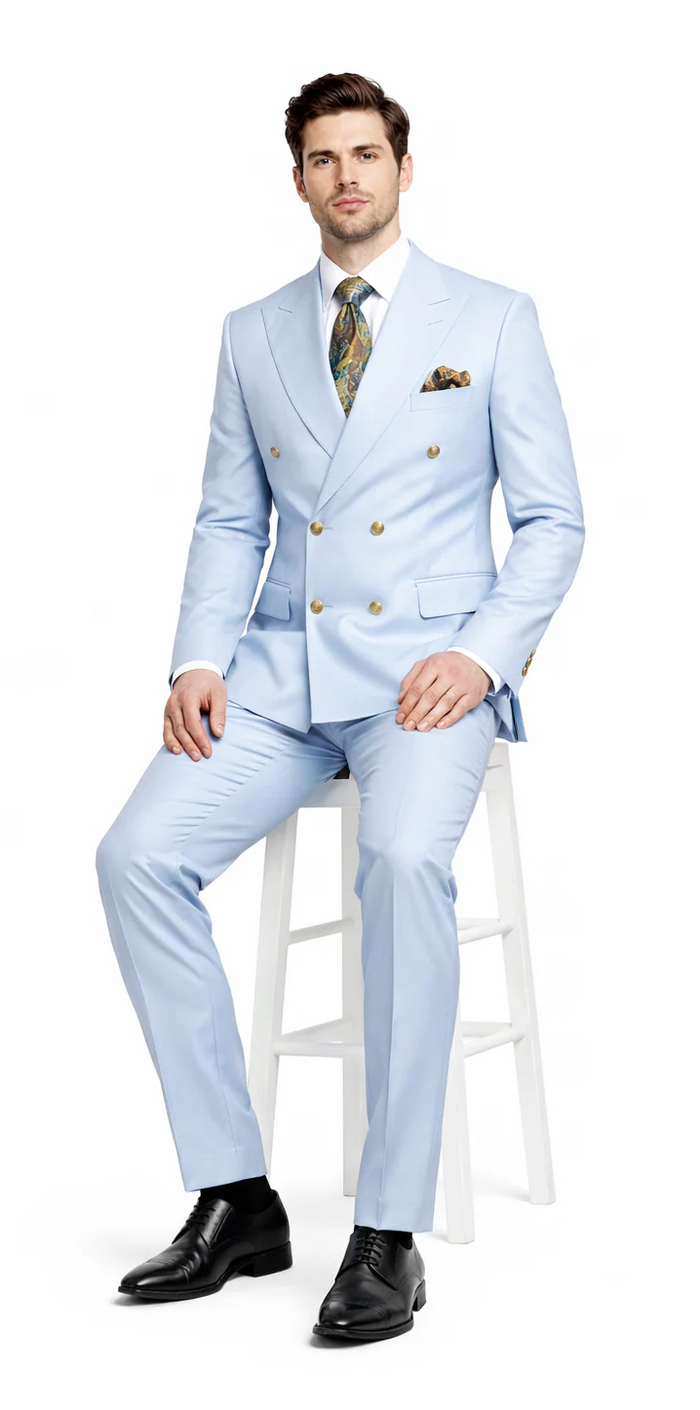 Rossiman Mens Light Blue Slim Fit Suit Elegant Double-Breasted Design