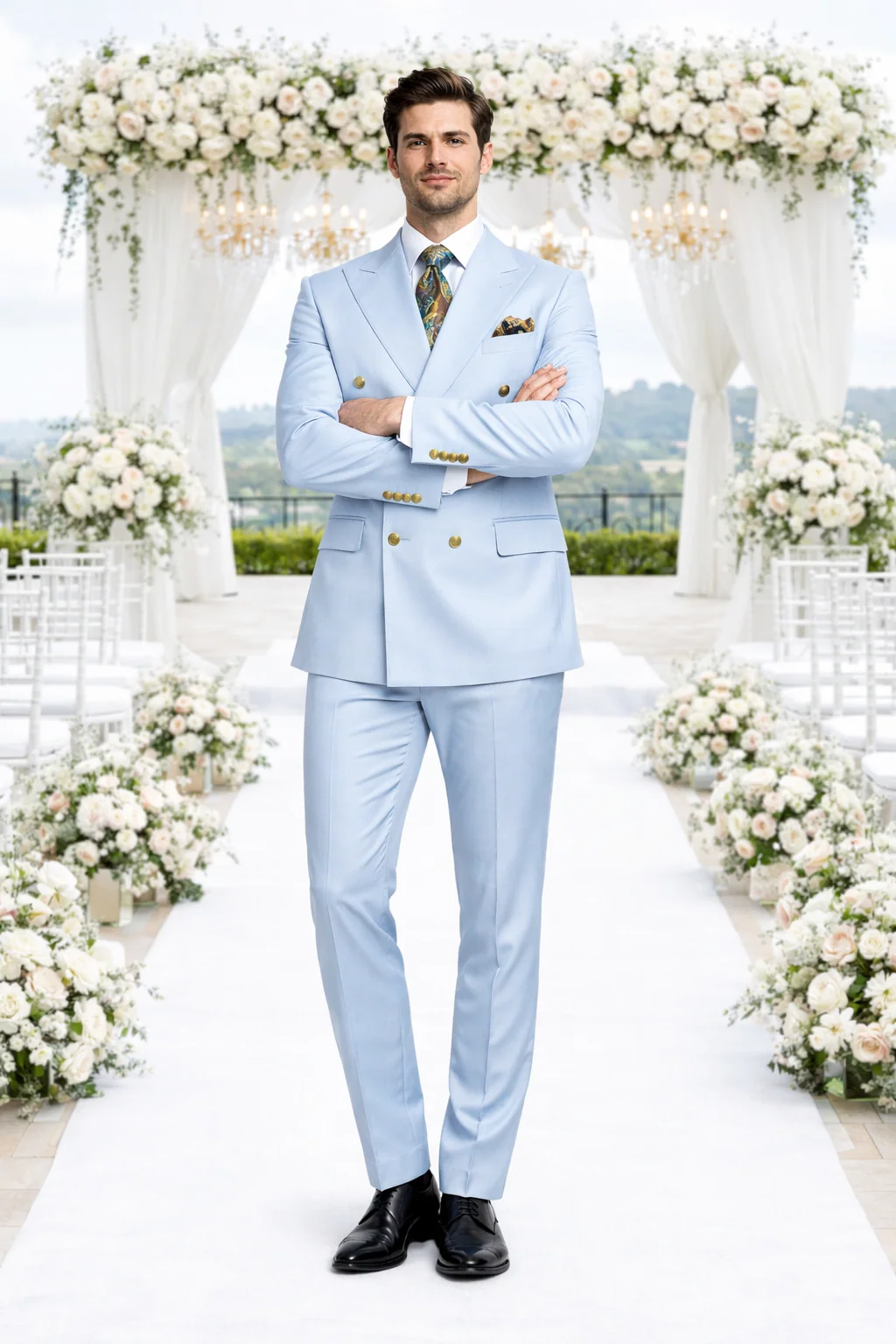 Rossiman Mens Light Blue Slim Fit Suit Elegant Double-Breasted Design - 36 Regular Jacket+30 Waist Adjustable 26to32)Height: 5'7"-6')(Neck: 14.5-16:S)
