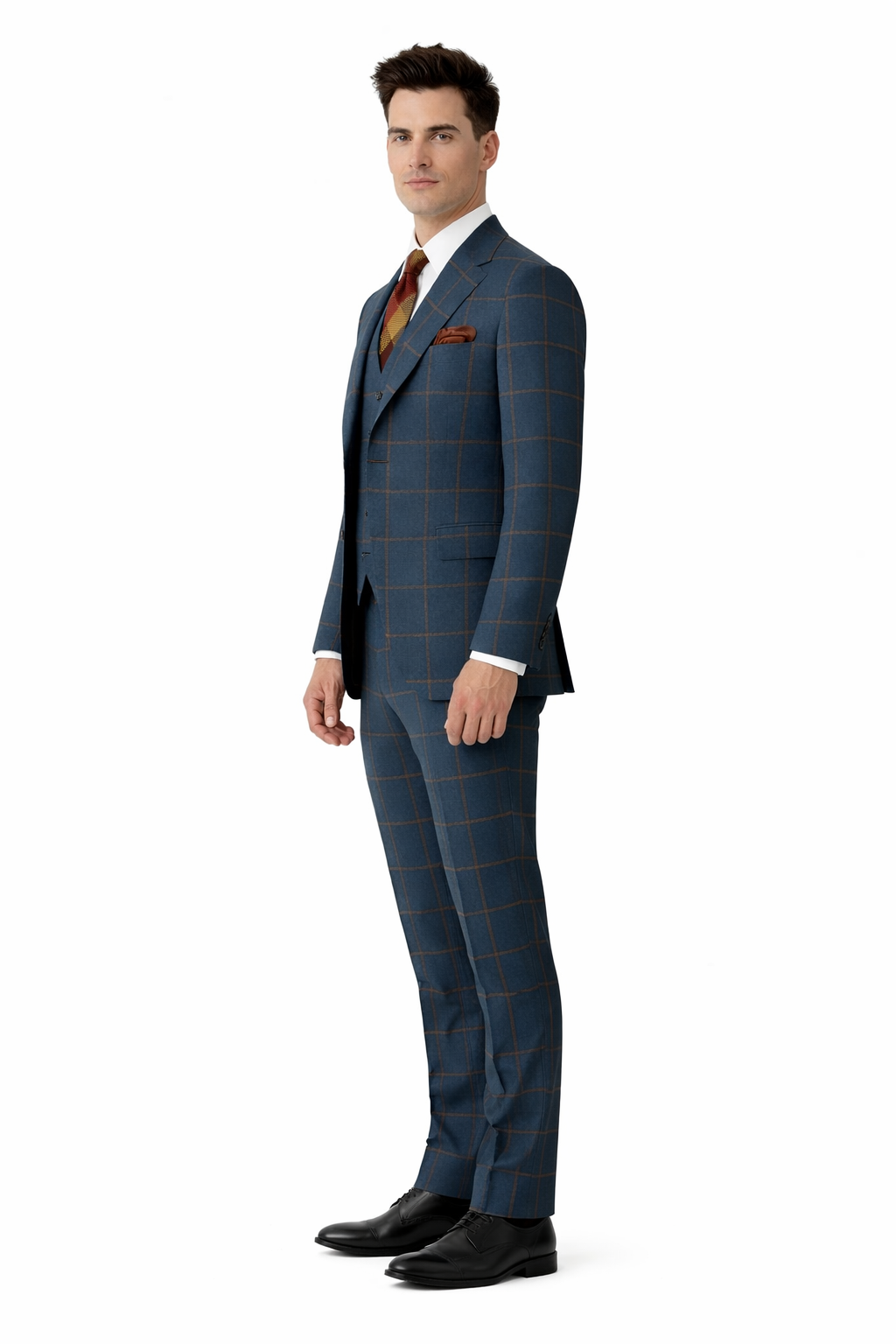 Rossiman Mens Navy & Gray Plaid Suit Classic Windowpane Double-Breasted Design-New Designer Collection - 38 Short Jacket+32 Waist Adjustable 28to34)(Height: 5 4 to5 7 )(Neck  15-16.5)S-M)
