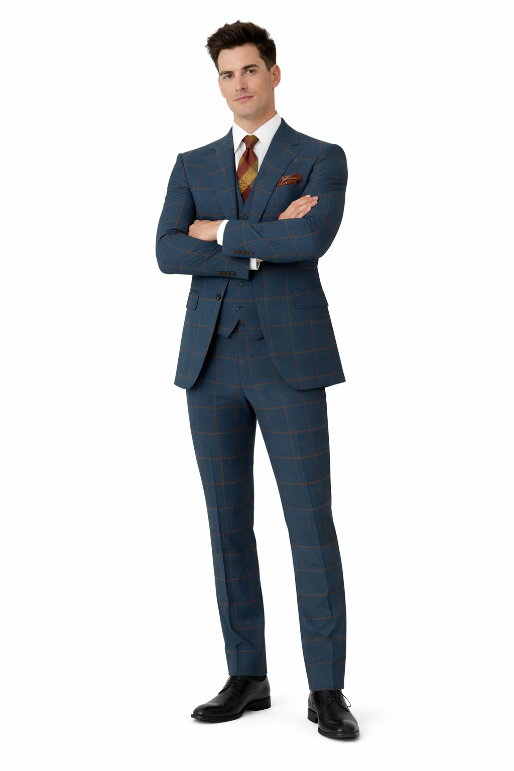 Rossiman Mens Navy & Gray Plaid Suit Classic Windowpane Double-Breasted Design-New Designer Collection - 38 Short Jacket+32 Waist Adjustable 28to34)(Height: 5 4 to5 7 )(Neck  15-16.5)S-M)