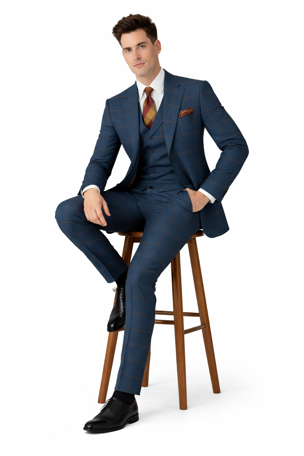 Rossiman Mens Navy & Gray Plaid Suit Classic Windowpane Double-Breasted Design-New Designer Collection - 38 Short Jacket+32 Waist Adjustable 28to34)(Height: 5 4 to5 7 )(Neck  15-16.5)S-M)