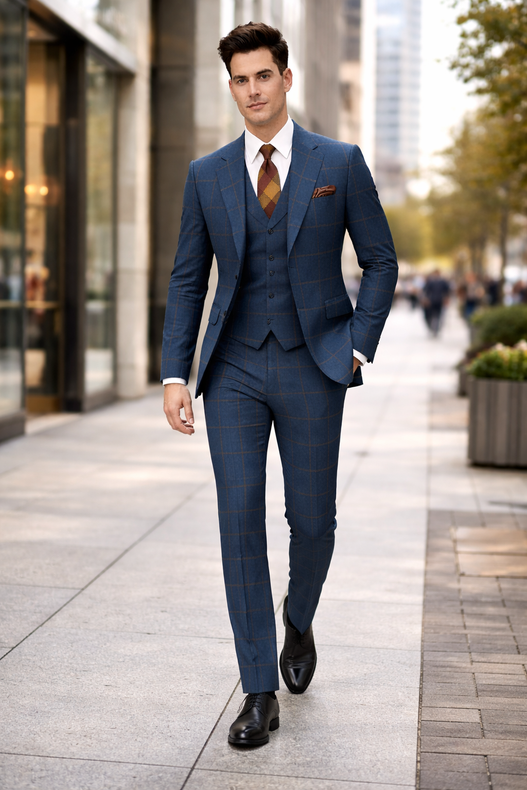 Rossiman Men’s Navy & Gray Plaid Suit – Classic Windowpane Double-Breasted Design-New Designer Collection - 38 Short Jacket+32 Waist Adjustable 28to34)(Height: 5 4 to5 7 )(Neck  15-16.5)S-M)