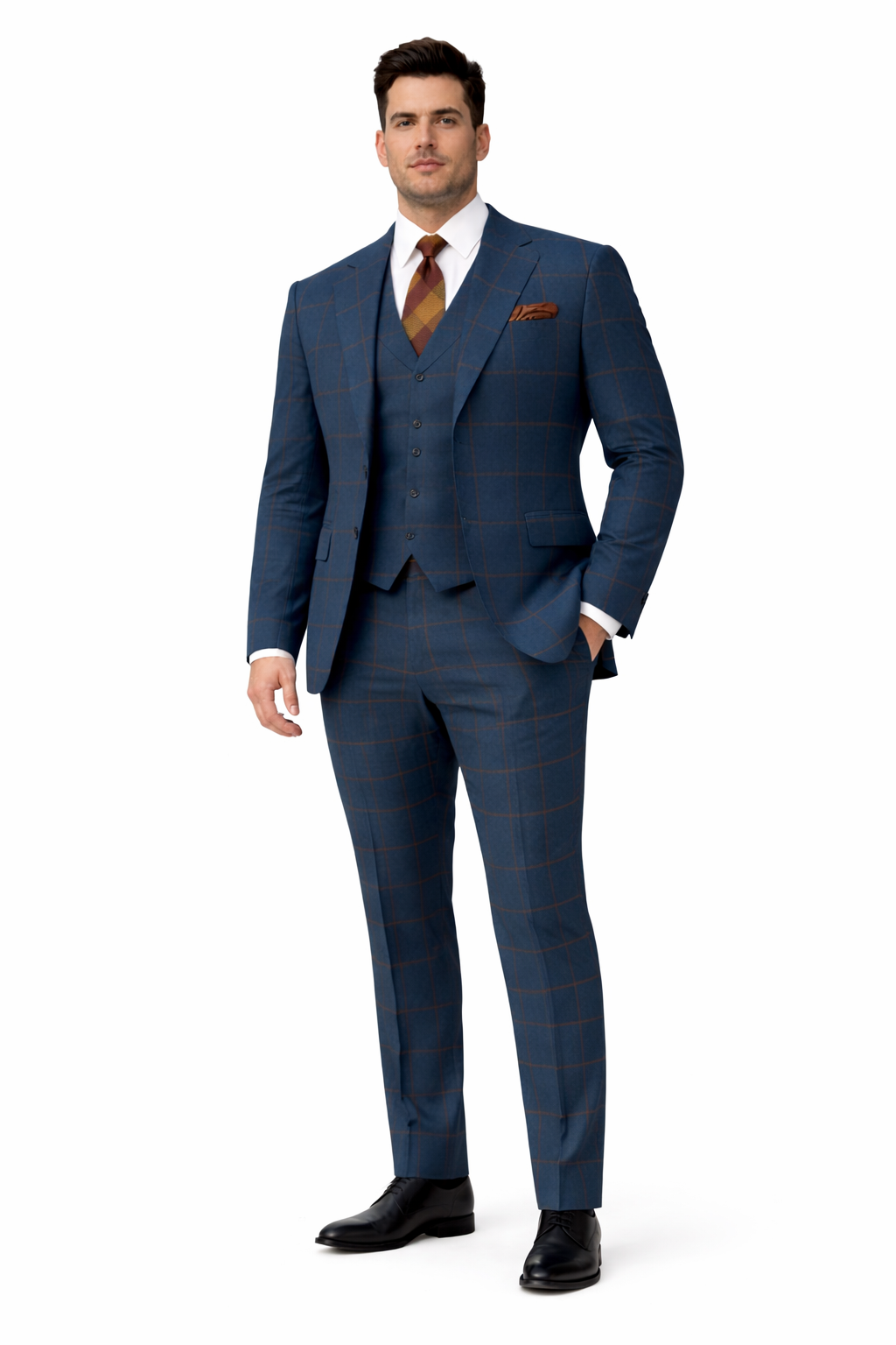 Rossiman Men’s Navy & Gray Plaid Suit – Classic Windowpane Double-Breasted Design-New Designer Collection - 38 Short Jacket+32 Waist Adjustable 28to34)(Height: 5 4 to5 7 )(Neck  15-16.5)S-M)