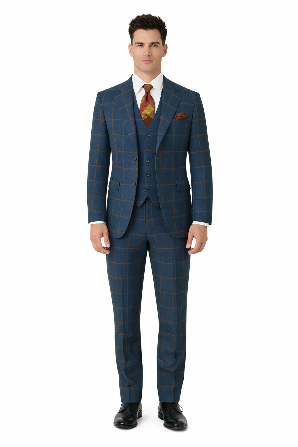 Rossiman Mens Navy & Gray Plaid Suit Classic Windowpane Double-Breasted Design-New Designer Collection - 38 Short Jacket+32 Waist Adjustable 28to34)(Height: 5 4 to5 7 )(Neck  15-16.5)S-M)