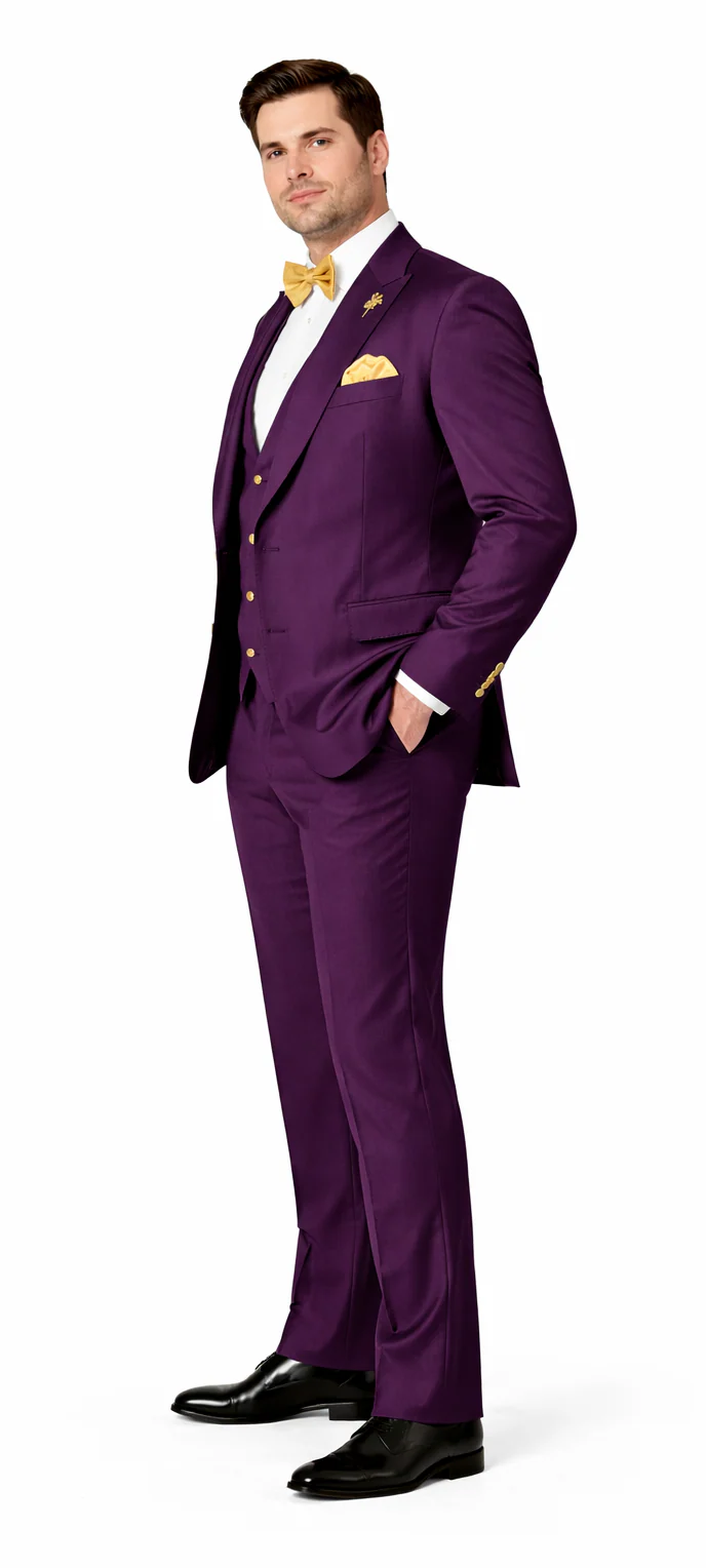Rossiman Mens Plum Purple Suit - Gold Buttoned Double-Breasted Elegance - 38 Short Jacket+32 Waist Adjustable 28to34)(Height: 5’4”to5’7”)(Neck 15-16.5)S-M)