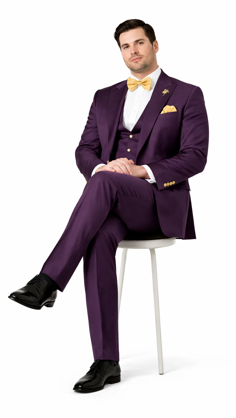 Rossiman Mens Plum Purple Suit - Gold Buttoned Double-Breasted Elegance - 38 Short Jacket+32 Waist Adjustable 28to34)(Height: 5’4”to5’7”)(Neck 15-16.5)S-M)