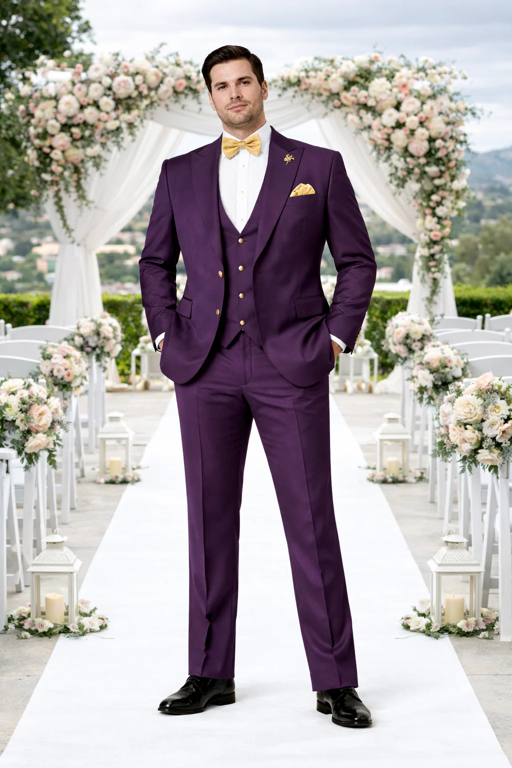 Rossiman Mens Plum Purple Suit - Gold Buttoned Double-Breasted Elegance - 38 Short Jacket+32 Waist Adjustable 28to34)(Height: 5’4”to5’7”)(Neck 15-16.5)S-M)