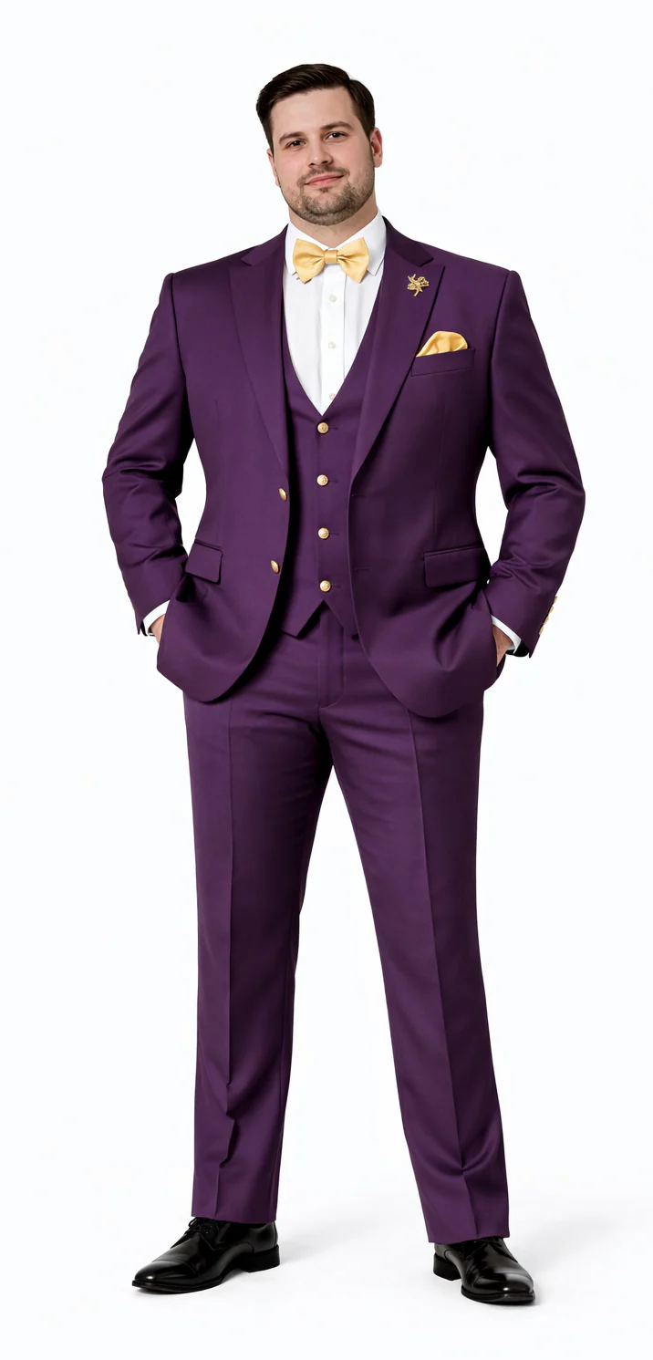 Rossiman Mens Plum Purple Suit - Gold Buttoned Double-Breasted Elegance - 38 Short Jacket+32 Waist Adjustable 28to34)(Height: 5’4”to5’7”)(Neck 15-16.5)S-M)