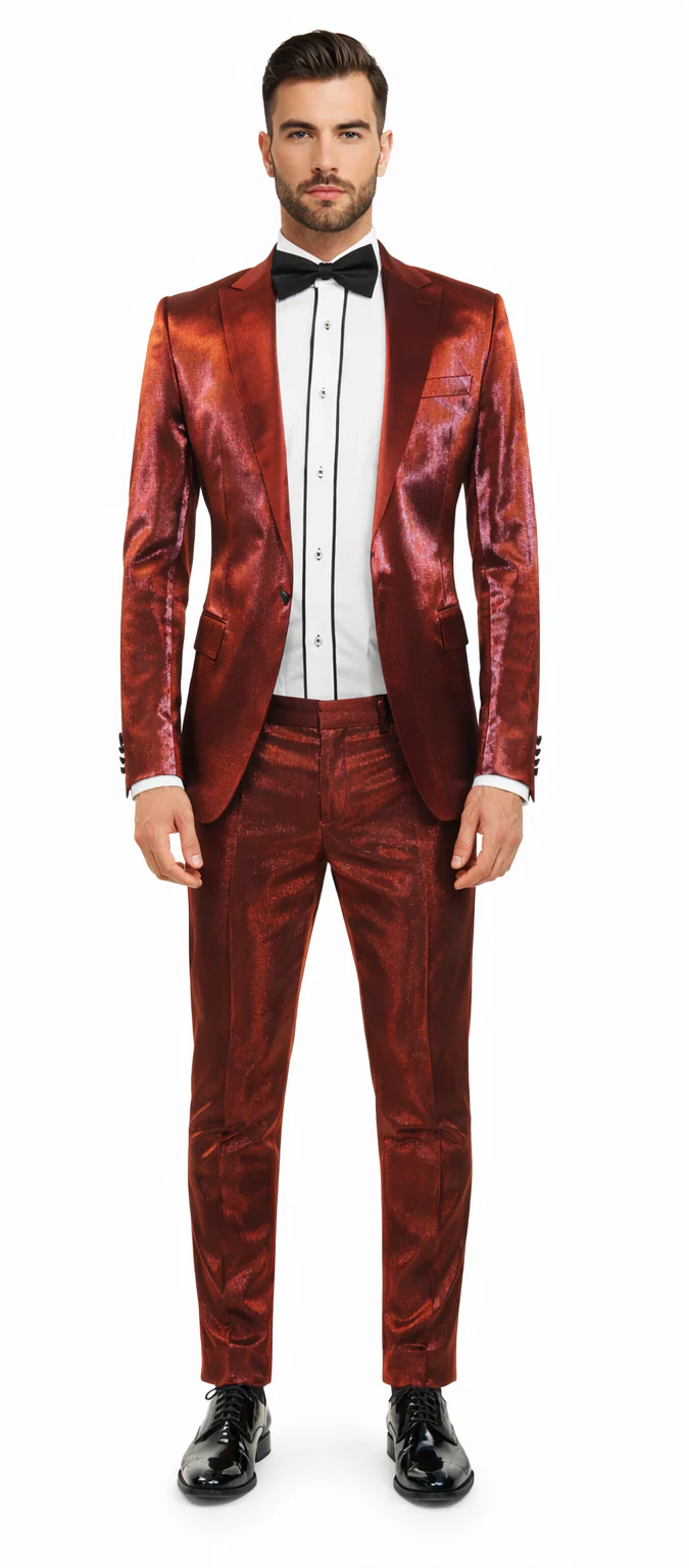 Rossiman Men’s Red Sateen Suit – Glossy Finish Bold Formalwear