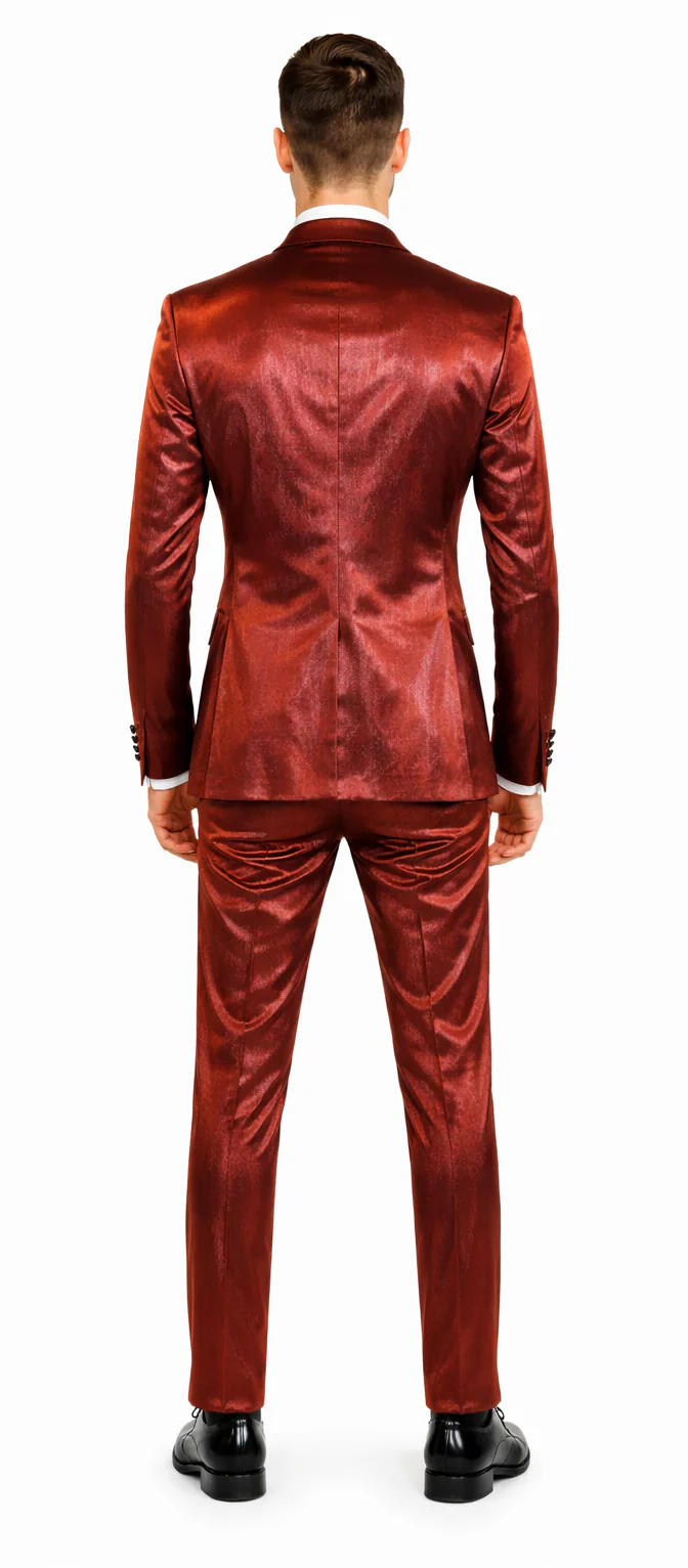 Rossiman Men’s Red Sateen Suit – Glossy Finish Bold Formalwear - 38 Short Jacket+32 Waist Adjustable 28to34)(Height: 5’4”to5’7”)(Neck 15-16.5)S-M)