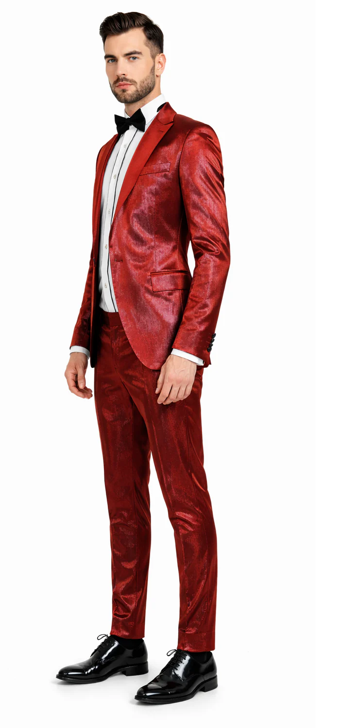 Rossiman Men’s Red Sateen Suit – Glossy Finish Bold Formalwear - 38 Short Jacket+32 Waist Adjustable 28to34)(Height: 5’4”to5’7”)(Neck 15-16.5)S-M)