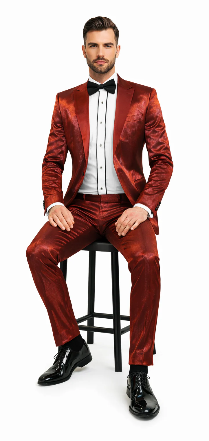 Rossiman Men’s Red Sateen Suit – Glossy Finish Bold Formalwear - 38 Short Jacket+32 Waist Adjustable 28to34)(Height: 5’4”to5’7”)(Neck 15-16.5)S-M)