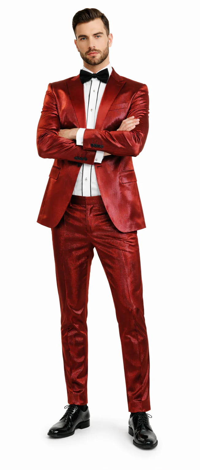 Rossiman Men’s Red Sateen Suit – Glossy Finish Bold Formalwear - 38 Short Jacket+32 Waist Adjustable 28to34)(Height: 5’4”to5’7”)(Neck 15-16.5)S-M)