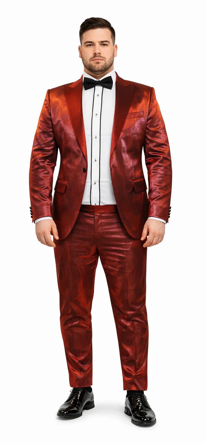 Rossiman Men’s Red Sateen Suit – Glossy Finish Bold Formalwear - 38 Short Jacket+32 Waist Adjustable 28to34)(Height: 5’4”to5’7”)(Neck 15-16.5)S-M)