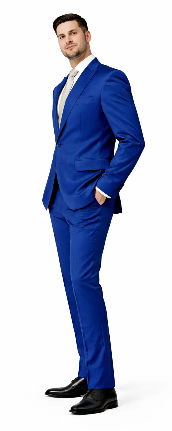 Rossiman Menâ€™s Royal Blue Glossy Sateen Suit â€“ Bold & Refined Look - 38 Short Jacket+32 Waist Adjustable 28to34)(Height: 5’4”to5’7”)(Neck 15-16.5)S-M)
