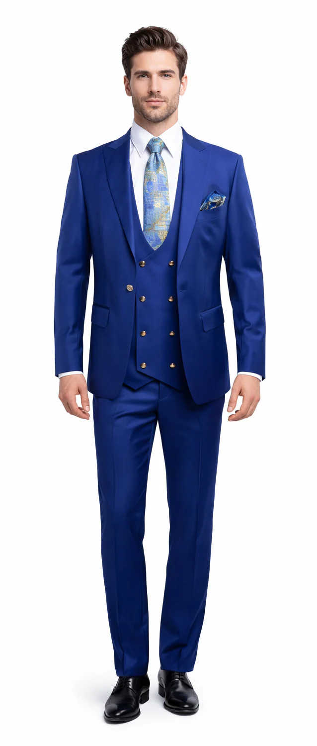 Rossiman Royal Blue Men's Peak Lapel Suit Double Breasted Slim Fit - 38 Short Jacket+32 Waist Adjustable 28to34)(Height: 5 4 to5 7 )(Neck  15-16.5)S-M)