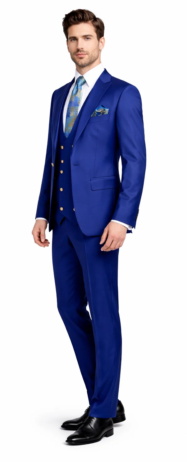 Rossiman Royal Blue Men's Peak Lapel Suit Double Breasted Slim Fit - 38 Short Jacket+32 Waist Adjustable 28to34)(Height: 5 4 to5 7 )(Neck  15-16.5)S-M)