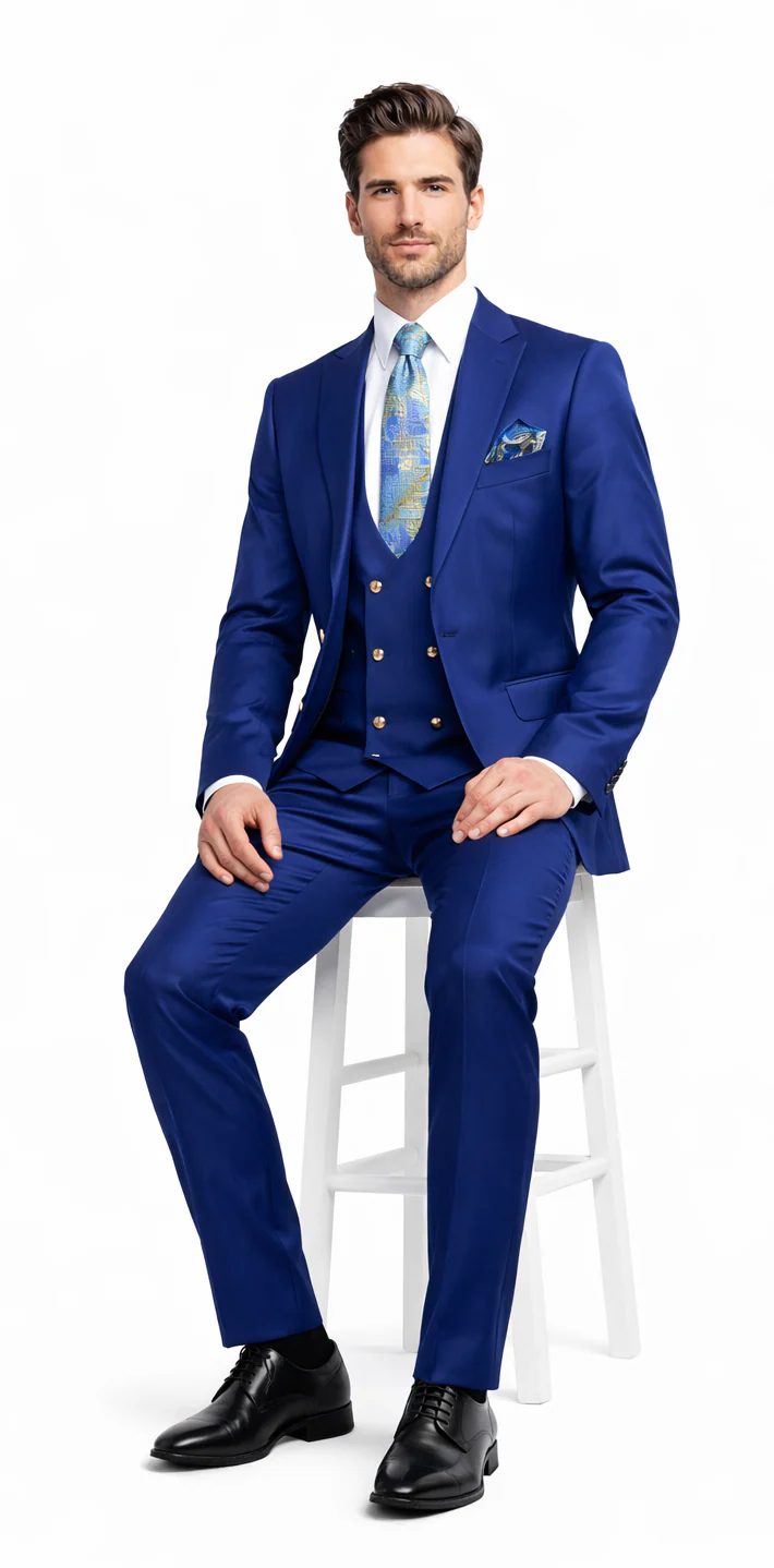 Rossiman Royal Blue Men's Peak Lapel Suit Double Breasted Slim Fit - 38 Short Jacket+32 Waist Adjustable 28to34)(Height: 5 4 to5 7 )(Neck  15-16.5)S-M)