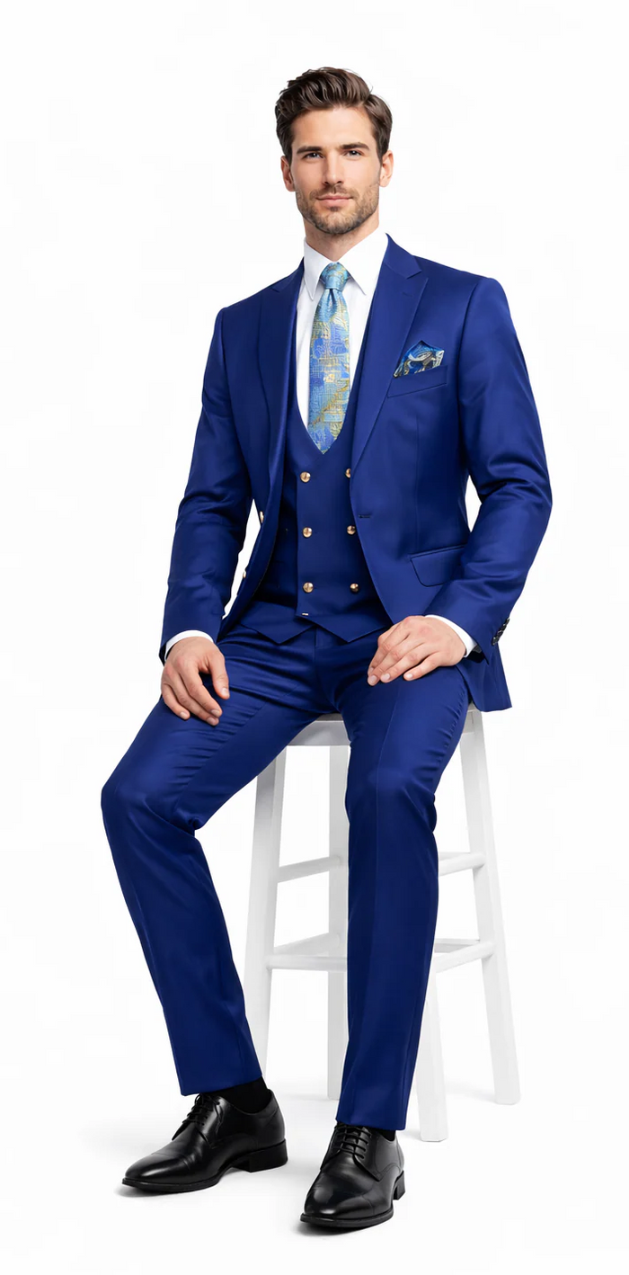 Rossiman Mens Royal Blue Slim Fit Suit Sophisticated Double-Breasted Design