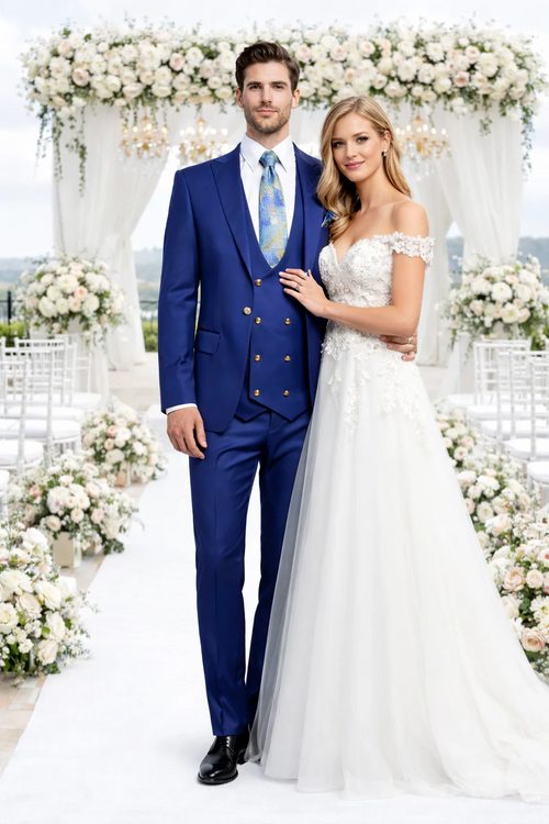 Rossiman Mens Royal Blue Slim Fit Suit Sophisticated Double-Breasted Design