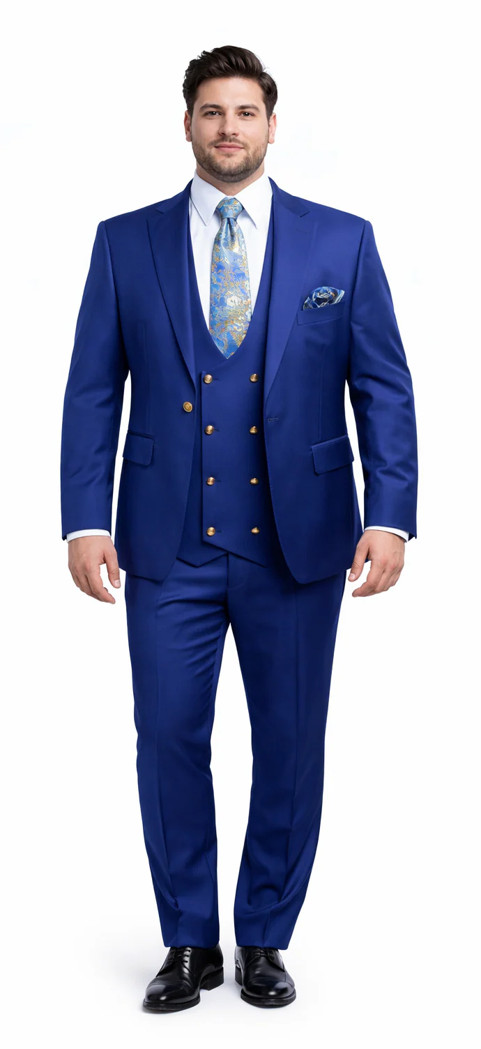 Rossiman Royal Blue Men's Peak Lapel Suit Double Breasted Slim Fit - 38 Short Jacket+32 Waist Adjustable 28to34)(Height: 5 4 to5 7 )(Neck  15-16.5)S-M)