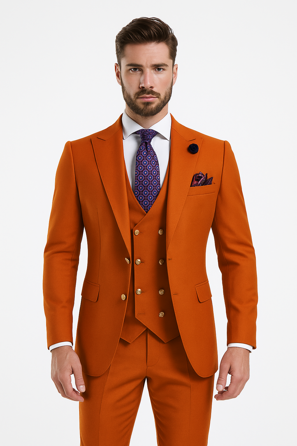 Rossiman Men's Rust Slim Fit Suit 3-Piece Set with Double-Breasted Vest & Flat Front Pants - New Arrival - 36 Regular Jacket+30 Waist Adjustable 26to32)Height: 5'7"-6')(Neck: 14.5-16:S)