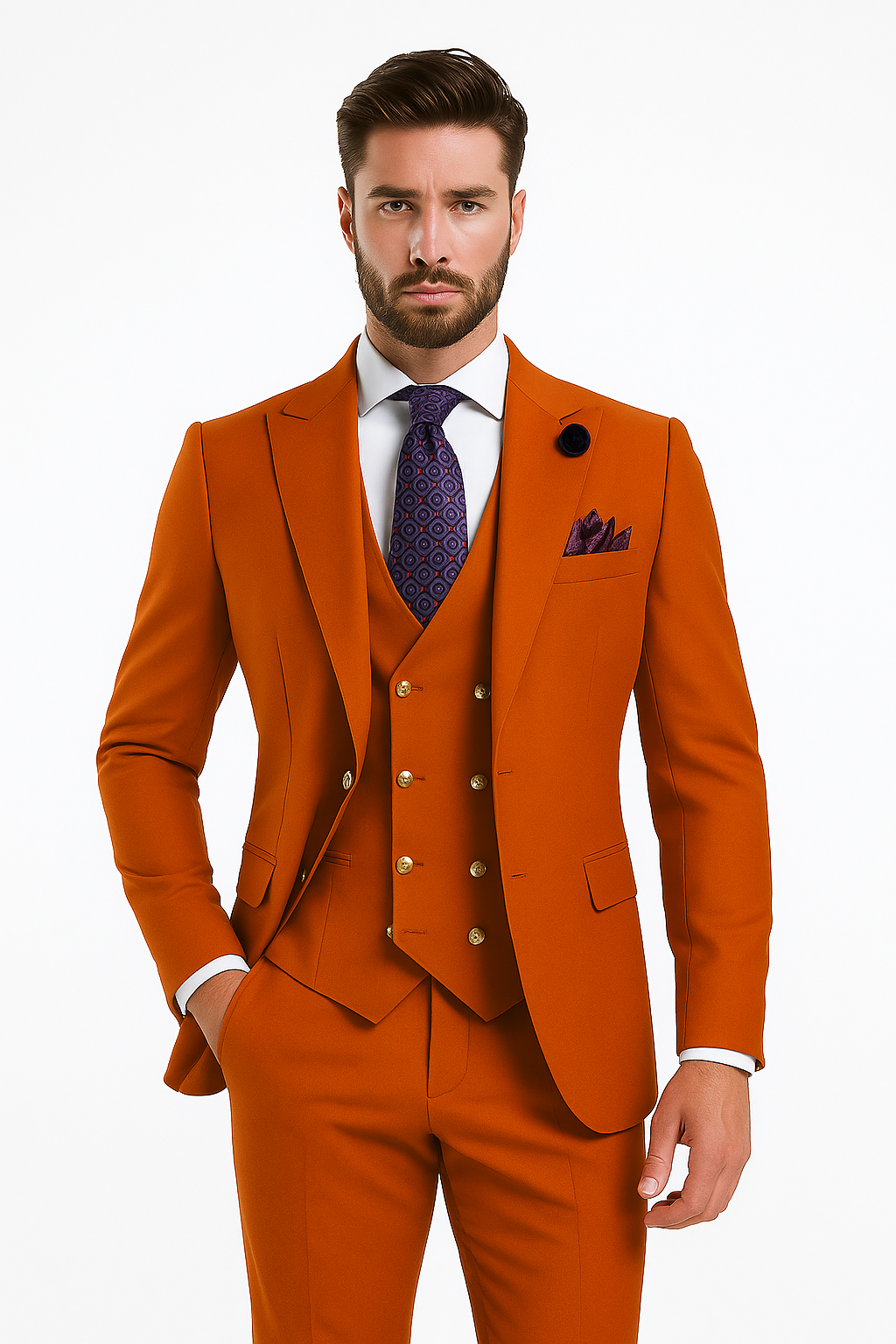Rossiman Men's Rust Slim Fit Suit 3-Piece Set with Double-Breasted Vest & Flat Front Pants - New Arrival - 36 Regular Jacket+30 Waist Adjustable 26to32)Height: 5'7"-6')(Neck: 14.5-16:S)