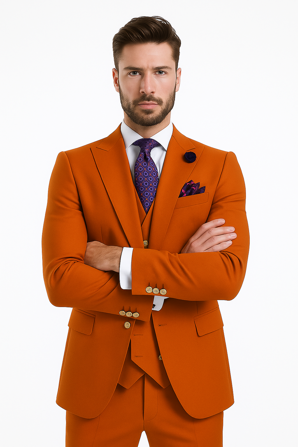 Rossiman Men's Rust Slim Fit Suit 3-Piece Set with Double-Breasted Vest & Flat Front Pants - New Arrival - 36 Regular Jacket+30 Waist Adjustable 26to32)Height: 5'7"-6')(Neck: 14.5-16:S)