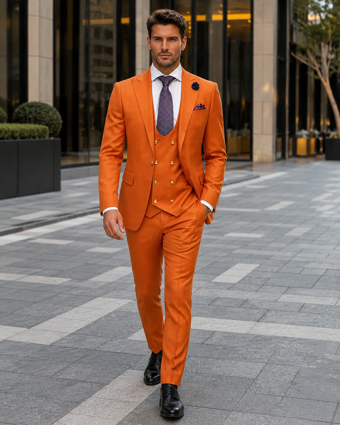 Rossiman Men's Rust Slim Fit Suit 3-Piece Set with Double-Breasted Vest & Flat Front Pants - New Arrival