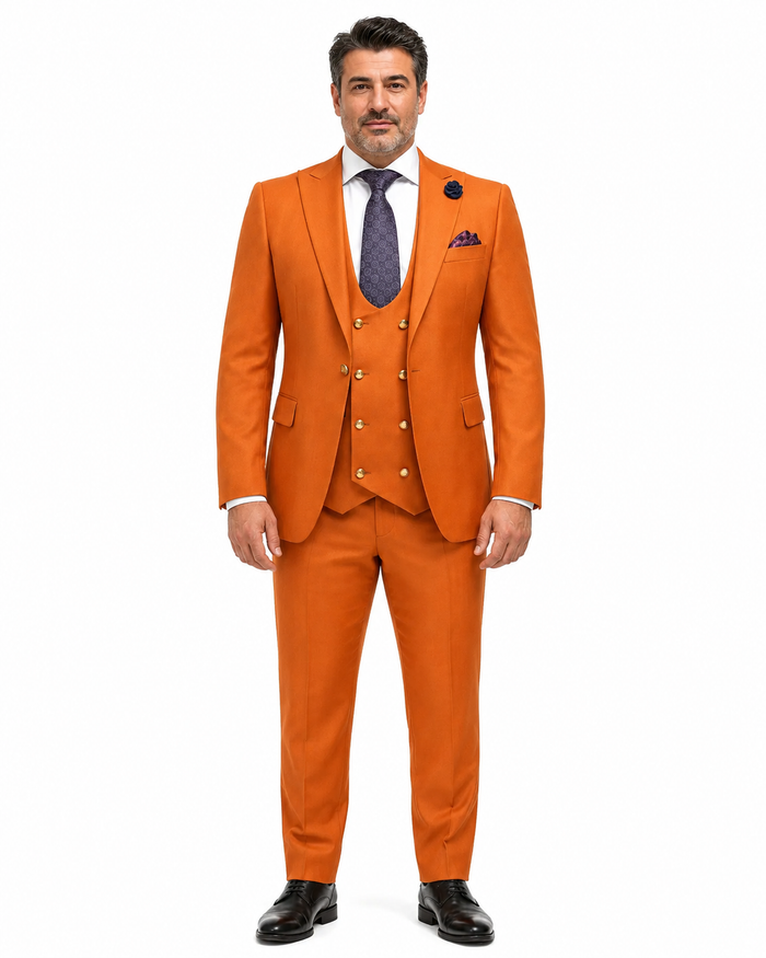 Rossiman Men's Rust Slim Fit Suit 3-Piece Set with Double-Breasted Vest & Flat Front Pants - New Arrival