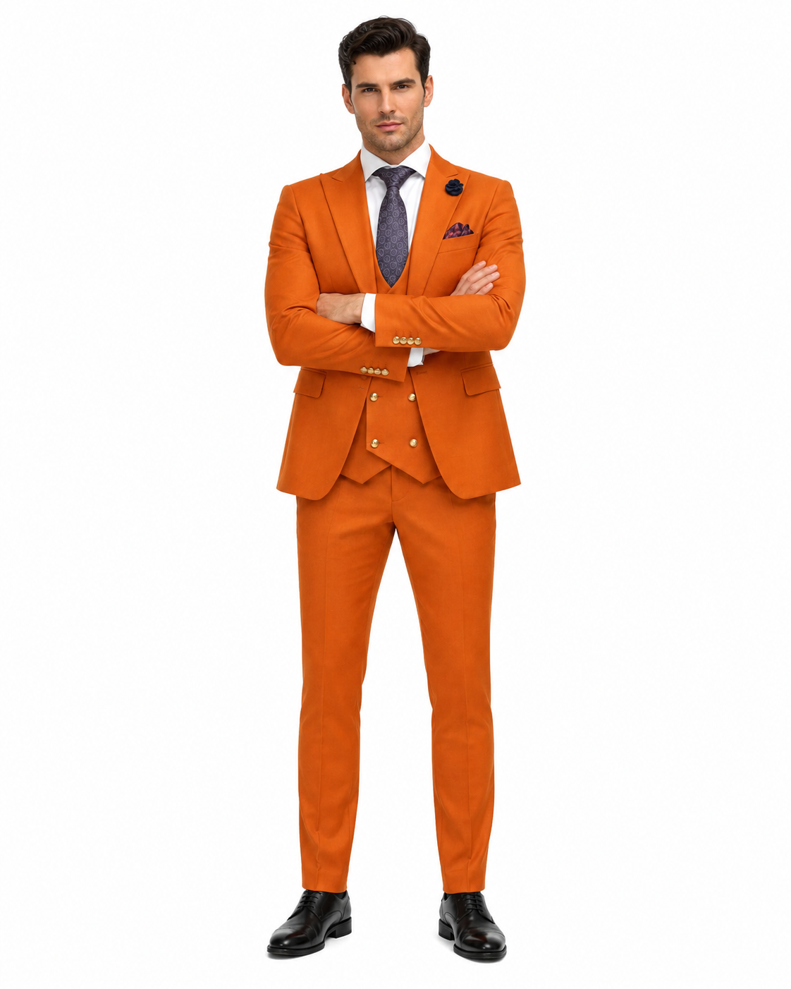 Rossiman Men's Rust Slim Fit Suit 3-Piece Set with Double-Breasted Vest & Flat Front Pants - New Arrival