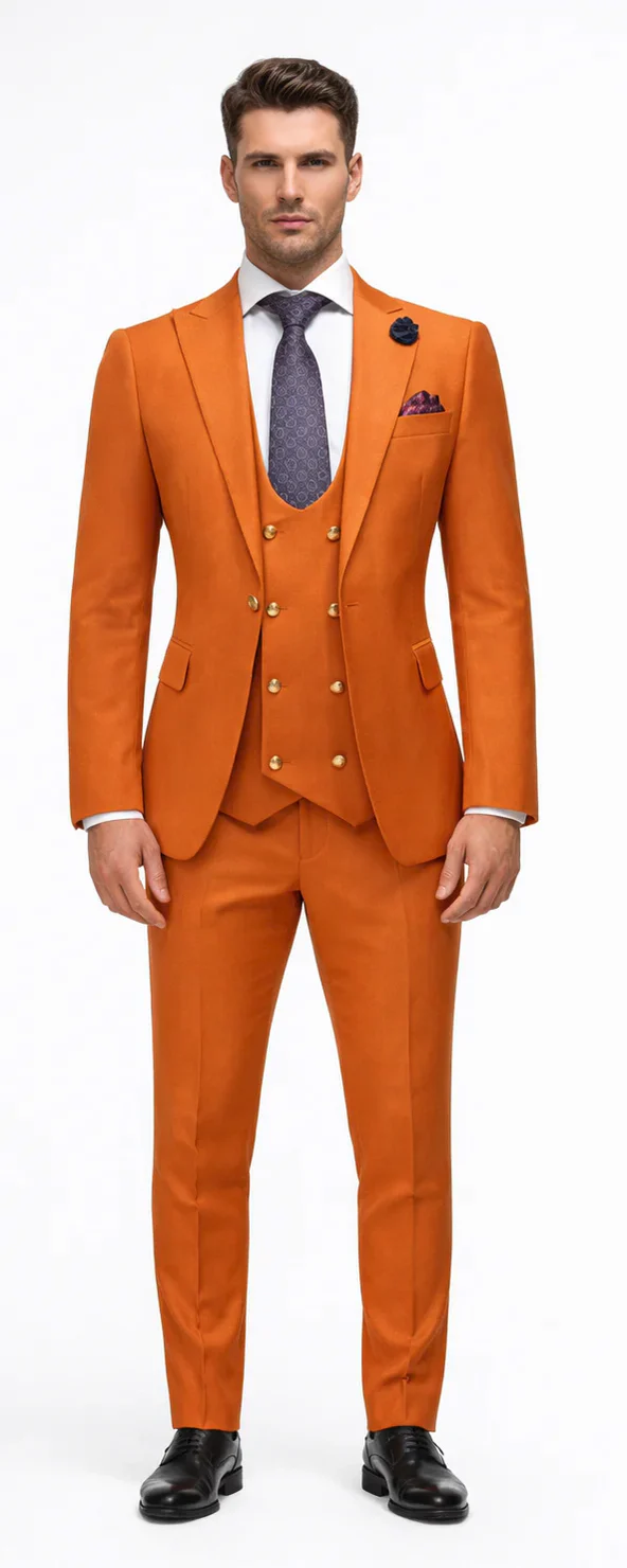 Rossiman Men's Rust Slim Fit Suit 3-Piece Set with Double-Breasted Vest & Flat Front Pants - New Arrival