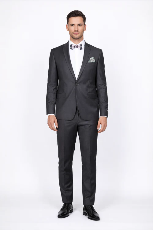 Rossiman Men's Slim Fit Gray Wool Suit – 1-Button Peak Lapel Jacket & Tapered Low-Rise Pants