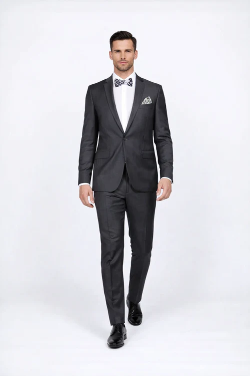 Rossiman Men's Slim Fit Gray Wool Suit 1-Button Peak Lapel Jacket & Tapered Low-Rise Pants