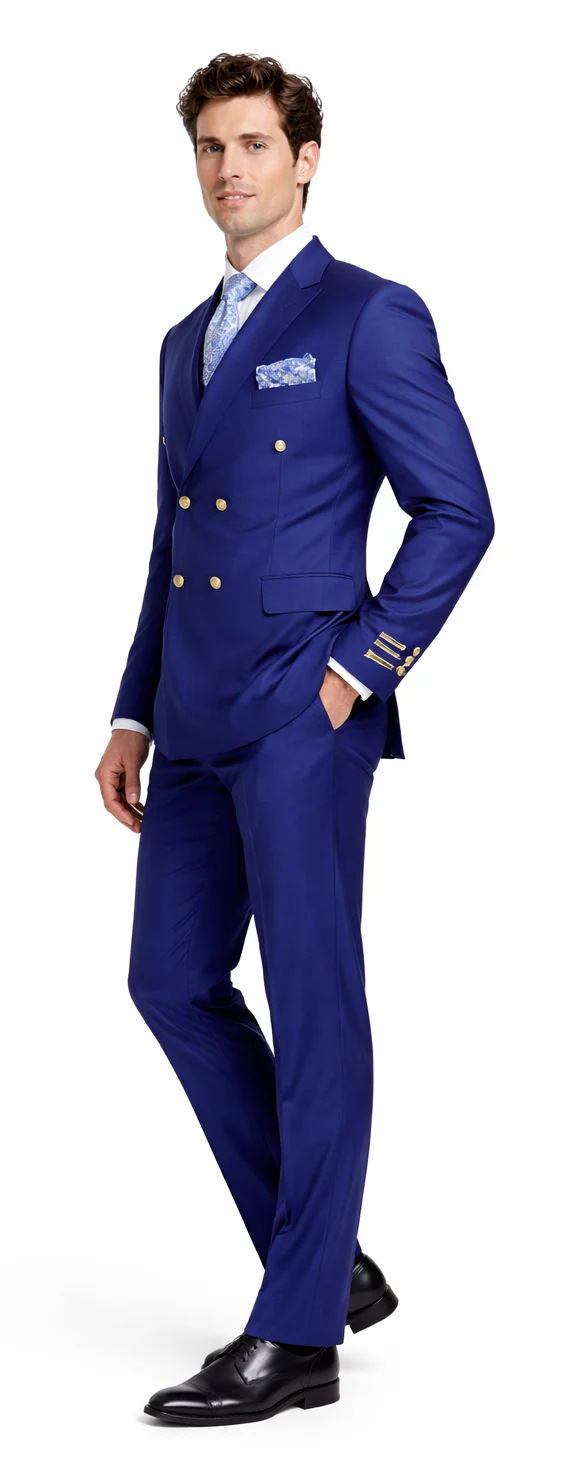 Rossiman Men's Slim Fit Royal Blue Suit â€“ Double-Breasted Elegance - 36 Regular Jacket+30 Waist Adjustable 26to32)Height: 5'7"-6')(Neck: 14.5-16:S)