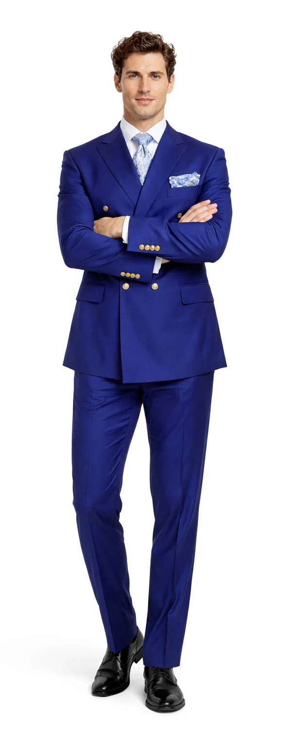 Rossiman Men's Slim Fit Royal Blue Suit â€“ Double-Breasted Elegance - 36 Regular Jacket+30 Waist Adjustable 26to32)Height: 5'7"-6')(Neck: 14.5-16:S)