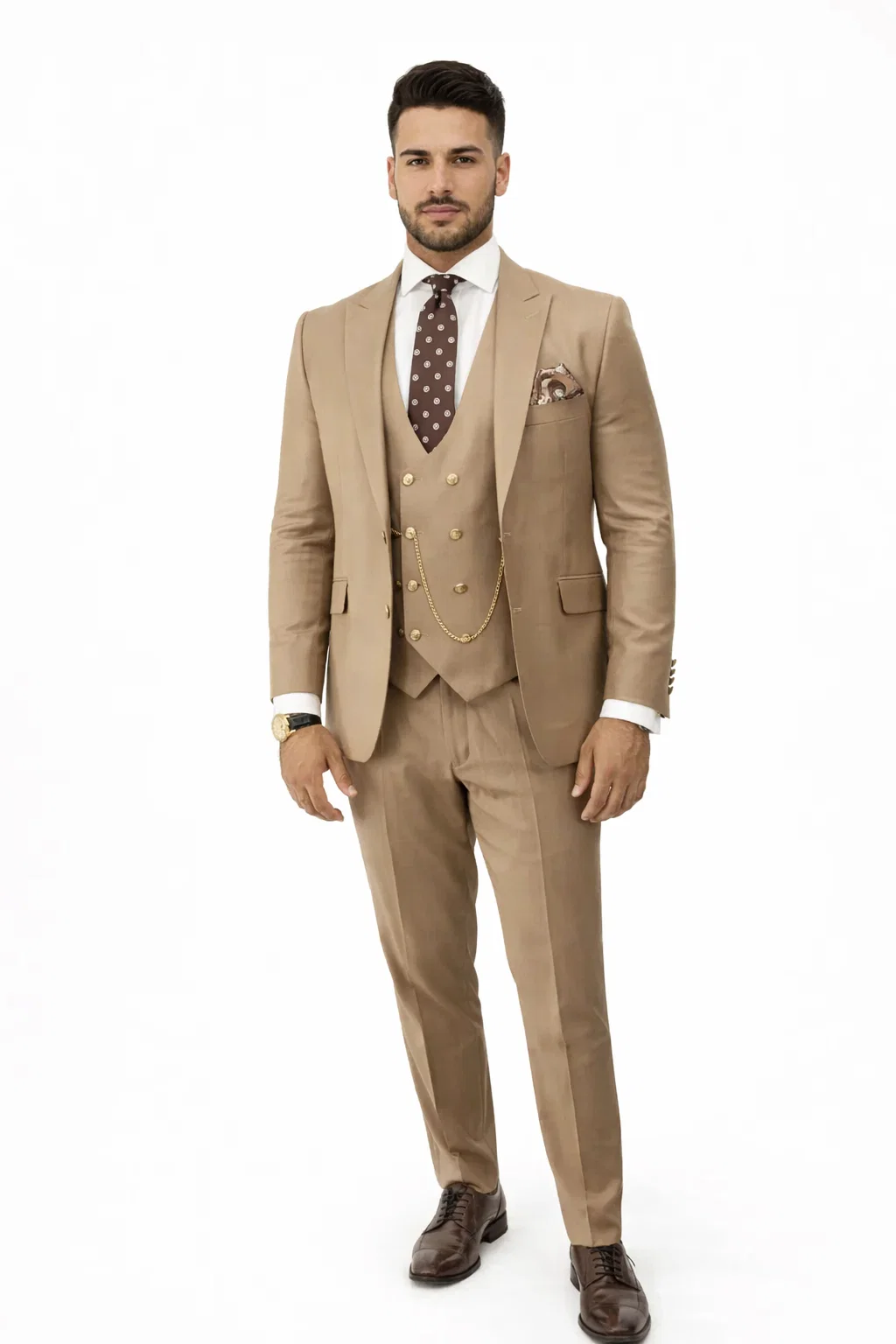Rossiman Men’s Tan Suit – Gold Buttons & Double-Breasted Vest Elegance