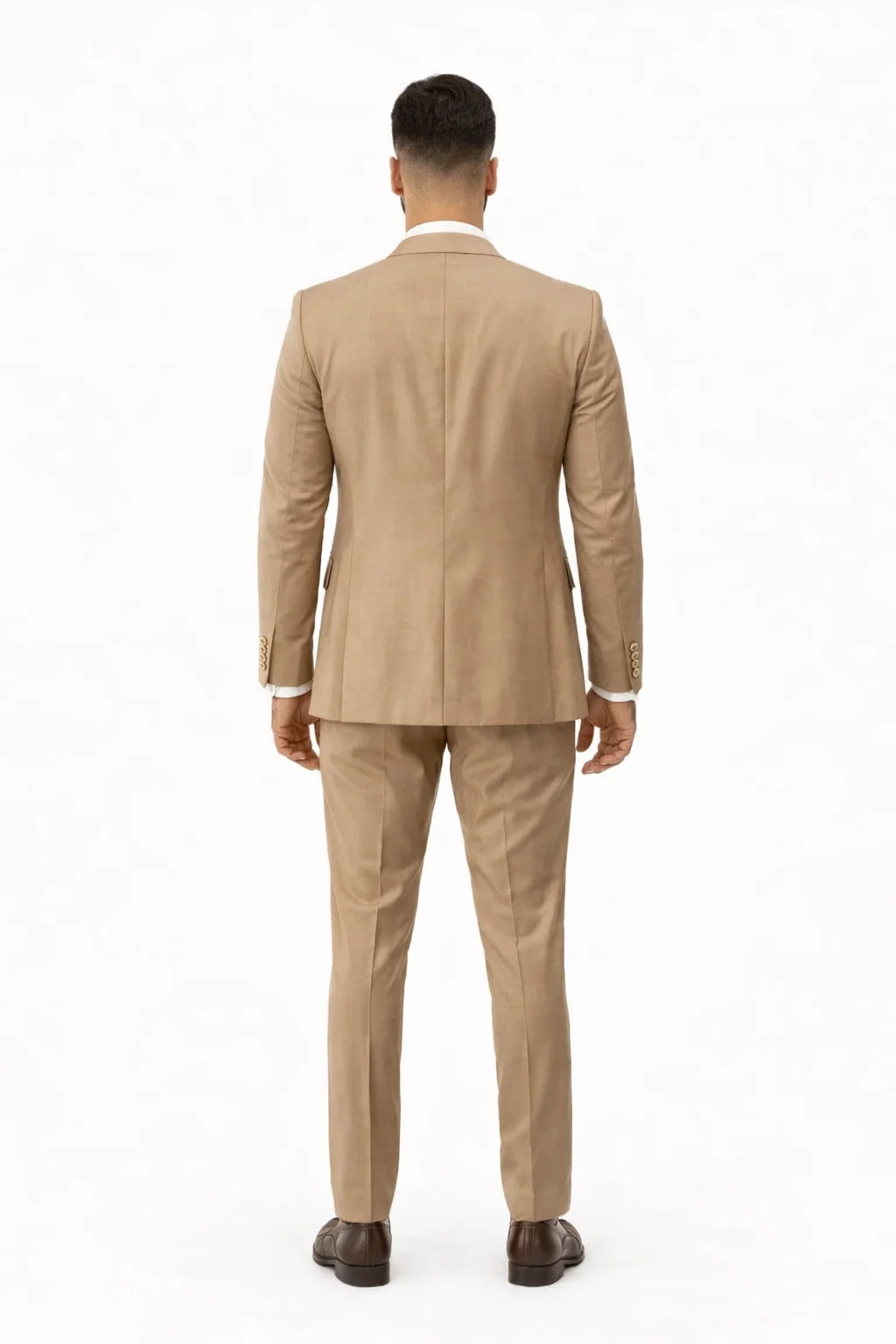 Rossiman Mens Tan Suit Gold Buttons and Double-Breasted Vest Elegance