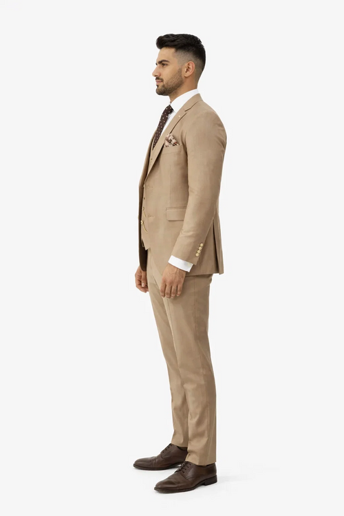 Rossiman Mens Tan Suit Gold Buttons and Double-Breasted Vest Elegance
