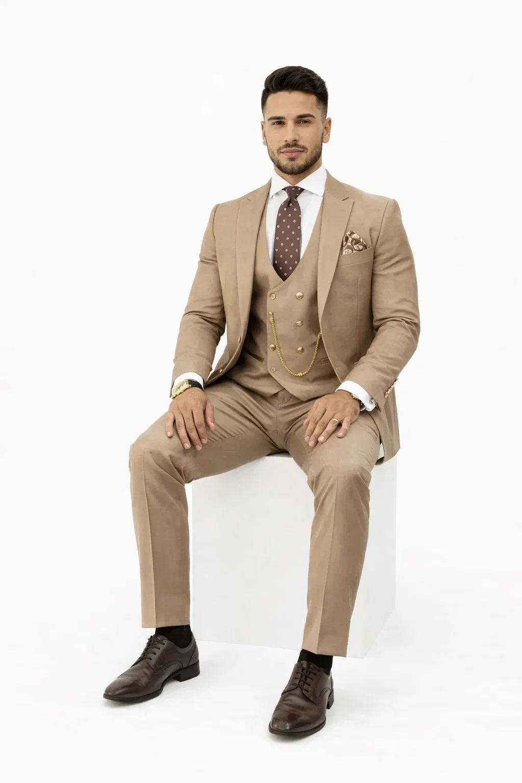 Rossiman Mens Tan Suit Gold Buttons and Double-Breasted Vest Elegance