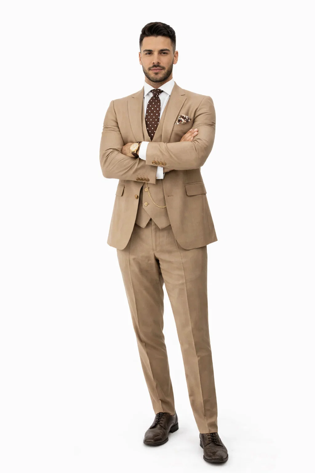 Rossiman Mens Tan Suit Gold Buttons and Double-Breasted Vest Elegance