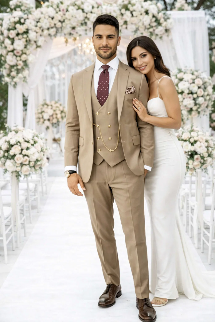 Rossiman Mens Tan Suit Gold Buttons and Double-Breasted Vest Elegance
