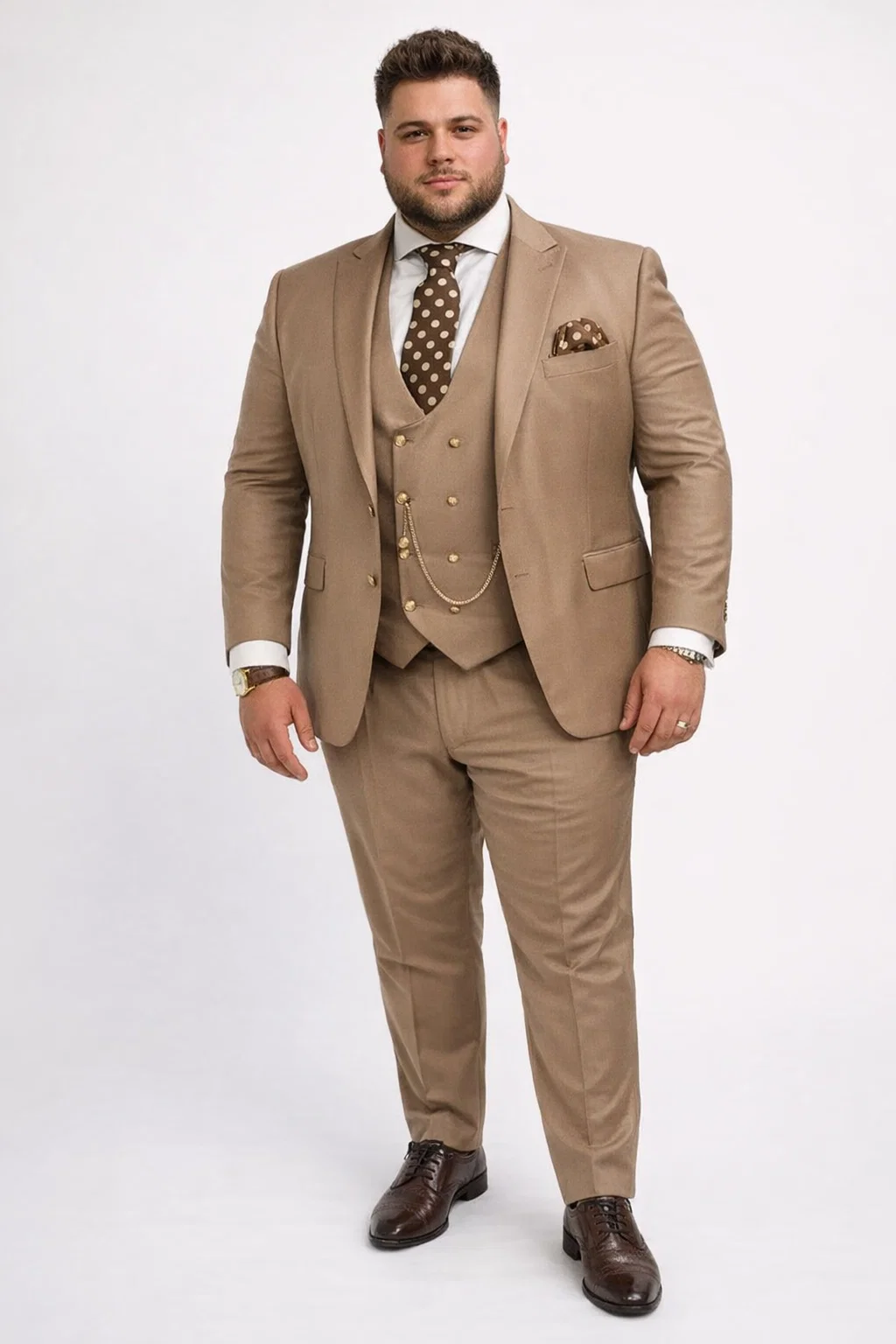Rossiman Men’s Tan Suit – Gold Buttons & Double-Breasted Vest Elegance - 36 Regular Jacket+30 Waist Adjustable 26to32)Height: 5'7"-6')(Neck: 14.5-16:S)