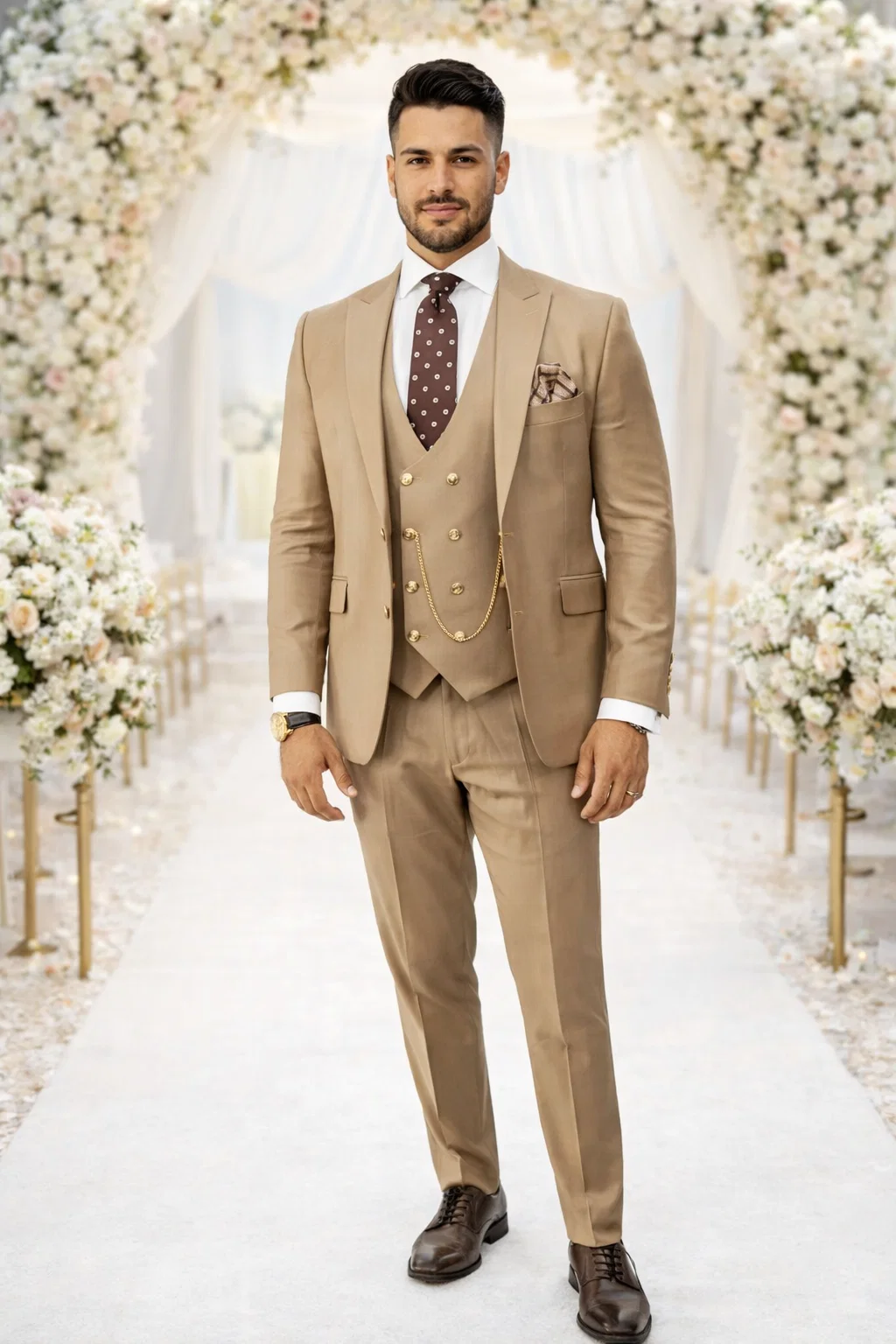 Rossiman Mens Tan Suit Gold Buttons and Double-Breasted Vest Elegance