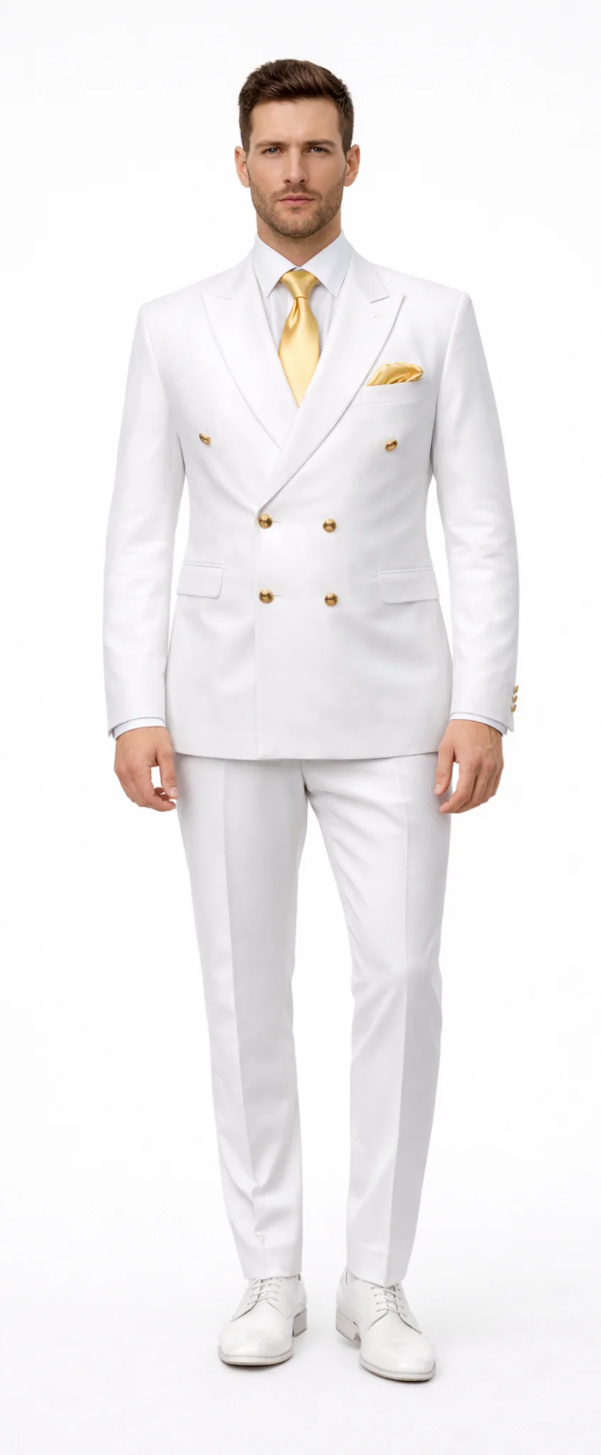 Rossiman Men's White Slim Fit Suit Double-Breasted 3-Piece Formal Ensemble - 36 Regular Jacket+30 Waist Adjustable 26to32)Height: 5'7"-6')(Neck: 14.5-16:S)