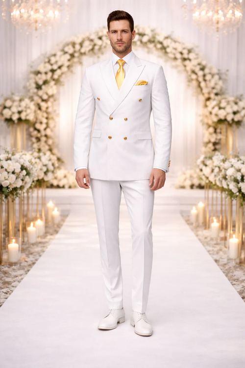 Rossiman Men's White Slim Fit Suit Double-Breasted 3-Piece Formal Ensemble