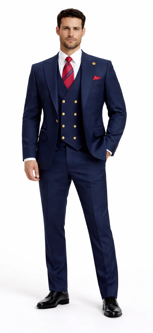 Rossiman Navy Blue Suit for Men Classic 1-Button Peak Lapel Jacket & Double-Breasted Vest